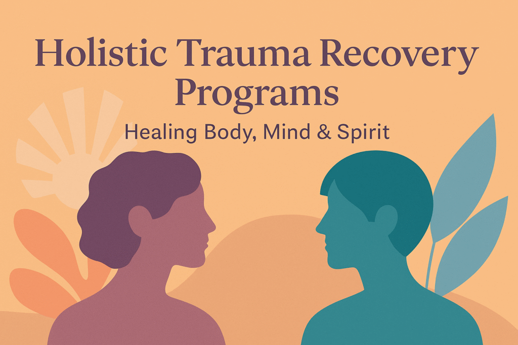 Holistic Trauma Recovery Programs: Healing Body, Mind & Spirit 4 A flat-style digital illustration for “Holistic Trauma Recovery Programs” featuring calming natural elements like leaves and soft waves, symbolizing healing of body, mind, and spirit, with warm, soothing colors to convey safety and balance.