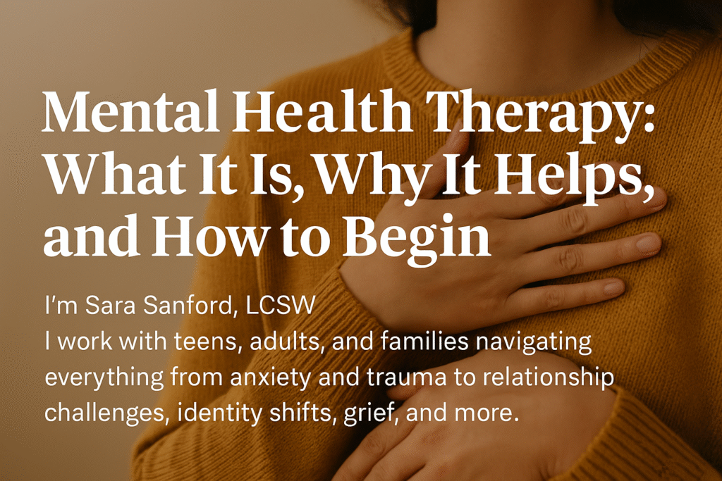 Mental Health Therapy: What It Is, Why It Helps, and How to Begin 2 Landscape digital graphic for a mental health therapy blog, featuring calming pastel tones, abstract human silhouettes, and the text “Mental Health Therapy – What It Is, Why It Helps, and How to Begin” in a clean, modern font.